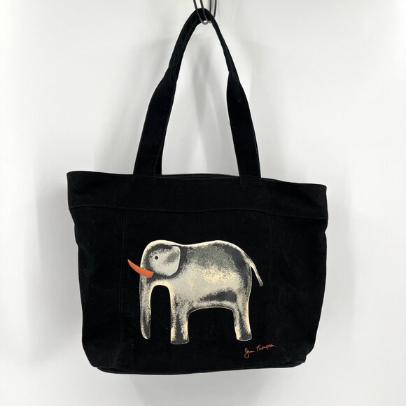 Jim Thompson Black Canvas Tote Bag With Elephant Art Print Signed - Picture 1 of 7